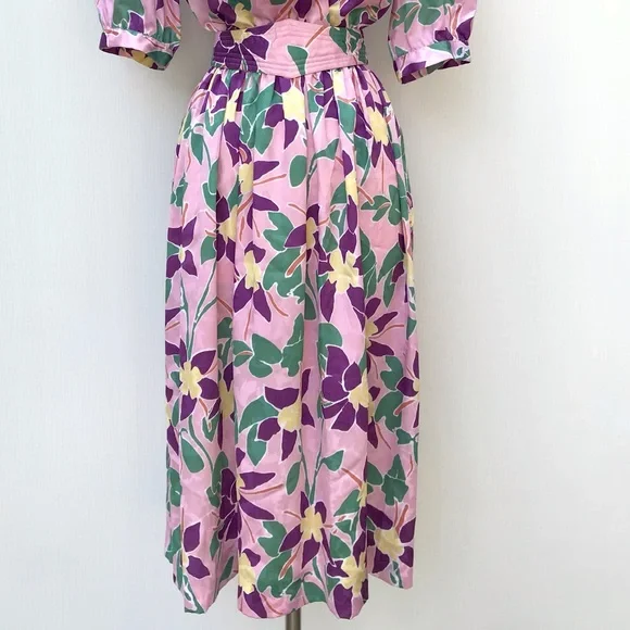 Vintage 80’s pink abstract orchid floral secretary dress - Picture 3 of 9